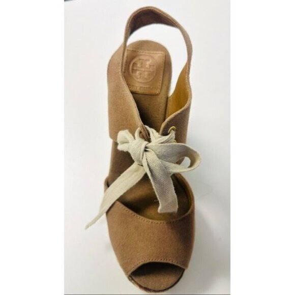 Tory Burch Brown Canvas Espadrille Wedge Sandals With Ivory Lace-Up Detail Women - Picture 4 of 10